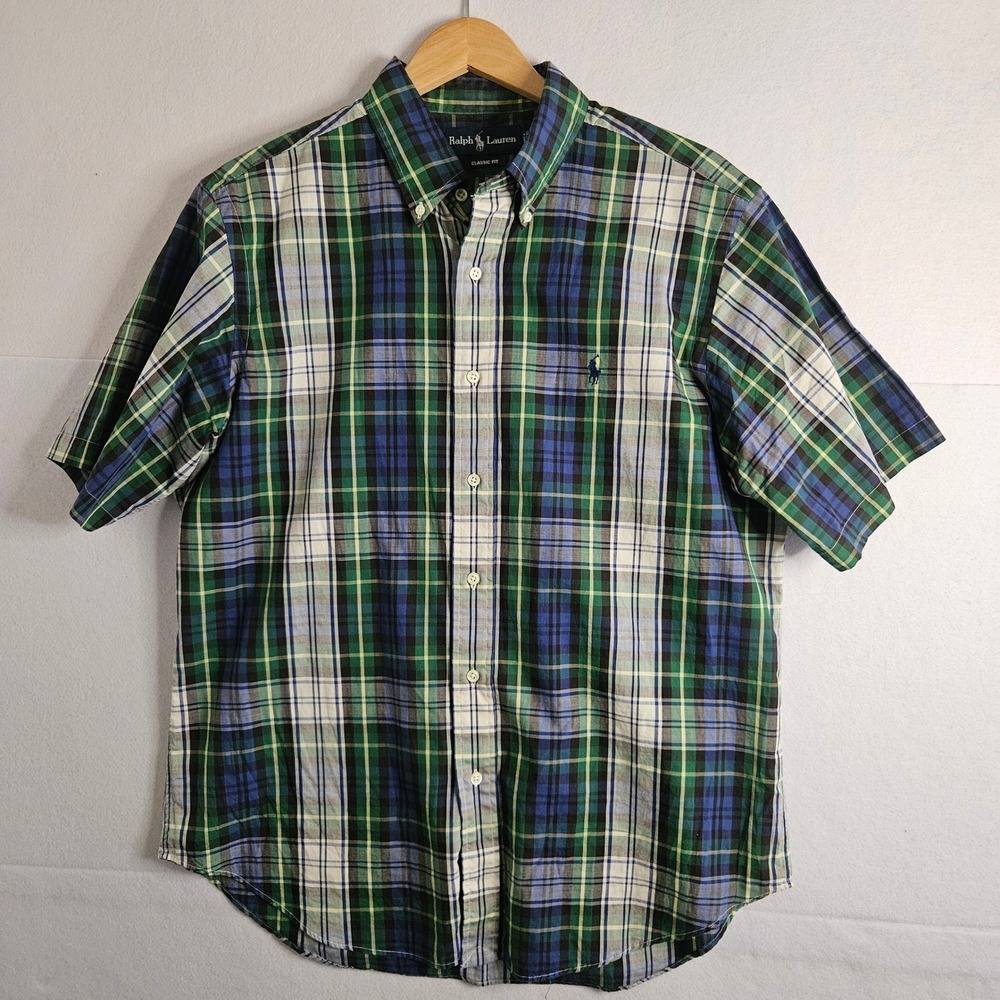 Ralph Lauren Mens Classic Fit Plaid Button Down Shirt Green Blue Short Sleeve L